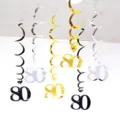 80th Birthday Party Hanging Swirl Decorations Black Gold Silver PVC Pendants Set - 80th Birthday Spiral Decorations (Gold Silver Black)