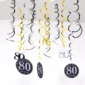 Birthday party PVC spiral hanging decorations with 80th design for indoor decor. - 80th Birthday / Gold Silver Black