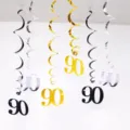 90th birthday hanging swirls decorations gold silver black party PVC ceiling hanging decor - 90th Birthday Spiral Decorations (Gold Silver Black)