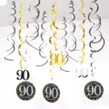 90th birthday party hanging swirls decorations PVC spiral streamers set for indoor party - 90 Years Old / Gold Silver Black