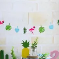 Flamingo tropical leaf garland banner for Hawaiian summer party birthday decoration hanging. - Flamingo with Blue Leaves Style