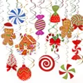 Christmas hanging swirl decorations set, gingerbread man and candy party ceiling decor. - 31-Piece Candy and Gingerbread Spiral Hanging Decor Set