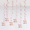 Rose Gold 21st Birthday Hanging Swirl Decorations Set, 6PCS PVC Party Ceiling Streamers - 21st Birthday Spiral Decorations (Rose Gold)