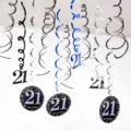 21st birthday party PVC spiral hanging decorations, black silver blue swirls with cards - 21 Years Old / Blue Silver Black