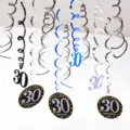 Hanging PVC swirl decorations for 30th birthday party celebration indoor ceiling decor. - 30 Years Old / Blue Silver Black