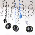 Birthday party PVC spiral hanging swirls 40th birthday ceiling decorations indoor decor set. - Age 40 / Blue Silver Black