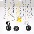 16th birthday party hanging PVC swirls decorations gold black silver swirls with number cutouts - 16 Years Old / Gold Silver Black