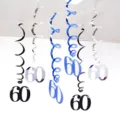 60th birthday hanging swirl decorations party PVC ceiling hanging swirls set 6pcs - 60th Birthday Spiral Decorations (Blue Silver Black)