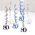 80th birthday party hanging spiral decorations 6-piece set PVC swirl ceiling pendants - 80th Birthday Spiral Decorations (Blue Silver Black)