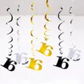 16th birthday party decoration spiral hanging swirl charms gold silver black set of 6 pcs - 16th Birthday Spiral Decorations (Gold Silver Black)