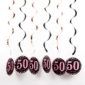 50th birthday party hanging swirl decorations with black and pink glitter circles for celebration. - Rose Gold Single Spiral Pink Age