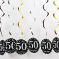 50th birthday hanging swirl decorations party supply set with metallic gold silver foils - Black Gold Silver Single Spiral Black Age