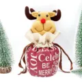 Cute Christmas reindeer candy gift bag, festive holiday drawstring pouch for home decor. - Linen Drawstring Gift Bag (Deer Style)