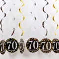 70th birthday party hanging swirl decorations black gold and silver ceiling decor set - Black Gold Silver Single Spiral Black Age