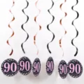 90th birthday hanging swirl decorations set, black and rose gold PVC party ceiling decor. - Rose Gold Single Spiral Pink Age
