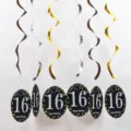 16th birthday hanging swirl decorations party ceiling decor gold silver black 16 theme supplies - Black Gold Silver Single Spiral Black Age
