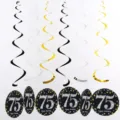 75th Birthday Party Hanging Swirls Set Black Gold Silver PVC Ceiling Decor Ornaments - Black Gold Silver Single Spiral Black Age