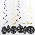 25th Birthday Party PVC Spiral Hanging Decorations Set with Foil Swirls and Round Cards - Black Gold Silver Single Spiral Black Age