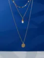 Gold multi-layer layered necklace, freshwater pearl and coin pendant design style variant - Natural Pearl Round Piece (NZ1520) / Gold