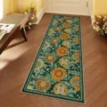 Vista detallada de la alfombra de pasillo floral vintage, con un rico patrón verde botánico. - 45*80cm / Alfombrilla floral para lavadora-2