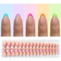 Short almond press on nails colorful french tip fake nail set for women daily wear 24pcs - French Pastel Multicolor Patchwork Style (ZHZ-BX-3201)
