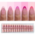 Close-up detail of short almond press-on nails with pink french tip design, smooth finish. - Pink Gradient French Style (ZHZ-BX-3203)