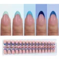 Short almond press-on nails set with elegant blue French tip design for women style. - Blue Gradient French Tips Style (ZHZ-BX-3205)