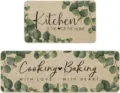 Kitchen mat detail view, eucalyptus leaves pattern, absorbent runner rug for home. - Spring Floral Print Series