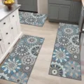 Kitchen floor mat set, non-slip runner rug and matching mats with blue floral mandala print. - 50*80cm Crystal Velvet / HY-Kitchen 3-Piece Set-2