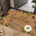 Vue détaillée du paillasson avec texture de coco, imprimés botaniques floraux et lettrage hello. - Style 2 (0710-2) / 40x60cm