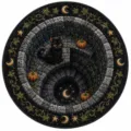 Detailed view of 3D optical illusion black cat round rug, spooky Halloween decorative floor mat. - 729HalloweenMat-7