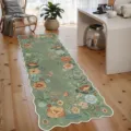 Detail van groene bloemige loper met botanische print en geschulpte rand voor keuken. - 40*60cm / Persische Stijl 16