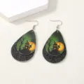 Halloween Tropfen Leder Ohrringe gruselige doppelte Schicht Schloss Design Party Schmuck Geschenke - Spukhaus Stil (NE1010)