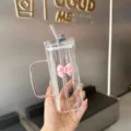 Tasse en verre carrée transparente avec poignée paille et jolie décoration nœud - Rose