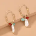 Trendy retro baroque pearl and natural stone dangle earrings, gold plated drop hoop earrings variant. - NE758-U-Shaped Ear Studs Amazon-Colored Natural Stone Earrings