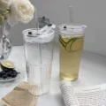 Clear glass tumbler with straw and lid, ribbed design for home daily coffee and cold drinks. - 650ml / Glacier Striped Straw Cup (2-Piece Set)