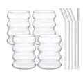 Clear ribbed glass cup set with 4 cups, 4 glass straws and brush for home coffee drinks. - 401-500ml / Customizable Packaging