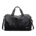 Black leather travel duffel bag large capacity sports gym bag shoulder luggage option black. - Black