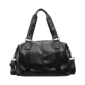 Black PU leather travel duffel bag, large capacity casual tote and gym shoulder bag variant. - Black