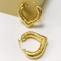 Chunky heart hoop earrings in 18k gold plated stainless steel with retro ribbed bamboo texture. - Heart Style (HJ20220713a) / Gold Triple-Stripe Pattern