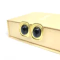 Vintage 18K gold plated metal geometric stud earrings with black oval stone main view. - Gold Style 2