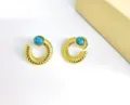 Vintage stainless steel gold earrings with blue turquoise stone inlay, chic fashion jewelry. - Round Gold (HJ20241031D)