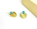 Gold stainless steel shell earrings with turquoise stone, vintage French style variant. - Fan Gold (HJ20241031D)