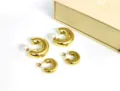 Gold-filled stainless steel chunky C-shape hoop earrings with pearl charm jewelry set. - C Shape Smooth Style / 6x20mm / Gold