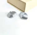 Silver metallic ribbed twisted dome stud earrings, bold statement modern fashion jewelry. - Fan-shaped Wrinkle Style / Silver