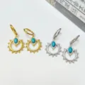 INS stainless steel gold and silver hoop earrings with blue turquoise semi-precious stone. - Geometric Semi-Precious Turquoise Style / Steel