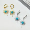 Stainless steel turquoise sun hoop earrings, 18k gold and silver plated fashion jewelry. - Sun Radiance Style