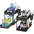 Under sink organizer 2 tier pull out storage racks for kitchen and bathroom black plastic. - Black