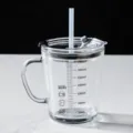 Clear glass milk cup with straw and handle, 350ml measuring scale, cute kids drinking mug. - 400ml + Lid + Silicone Straw