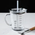 Clear glass milk cup with straw and handle, cute children water cup with scale, 350ml. - 400ml + Lid + Straw + Spoon